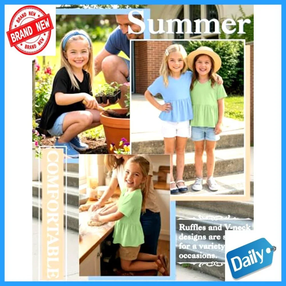 Girl's Peplum Babydoll Tunic Tees 3 Pack Short Sleeve V Neck Ruffle Hem